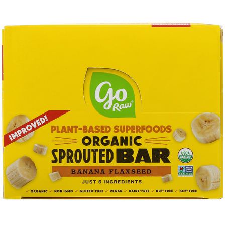 水果吧, 小吃店: Go Raw, Organic Sprouted Bar, Banana Flaxseed, 10 Bars, 0.4 oz (11 g) Each