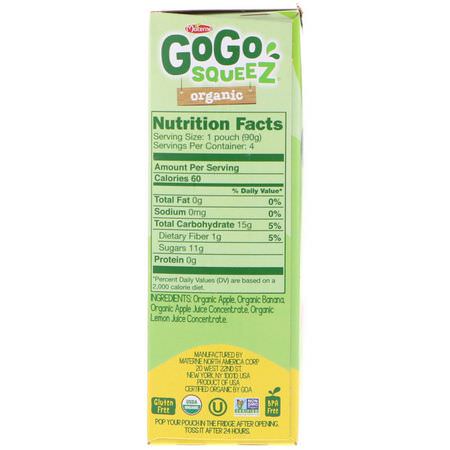 膳食, 果泥: GoGo SqueeZ, Organic Applesauce, Apple Banana, 4 Pouches, 3.2 oz (90 g) Each