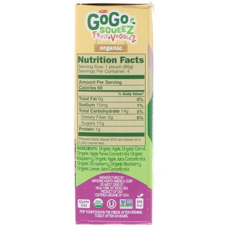 膳食, 果泥: GoGo SqueeZ, Organic Fruit and VeggieZ, Boulder Berry, 4 Pouches, 3.2 oz (90 g) Each