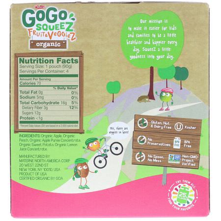 膳食, 果泥: GoGo SqueeZ, Organic Fruit and VeggieZ, Pedal Pedal Peach, 4 Pouches, 3.2 oz (90 g) Each