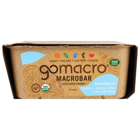 : GoMacro, Macrobar, Everlasting Joy, Coconut + Almond Butter + Chocolate Chips, 12 Bars, 2.3 oz (65 g) Each