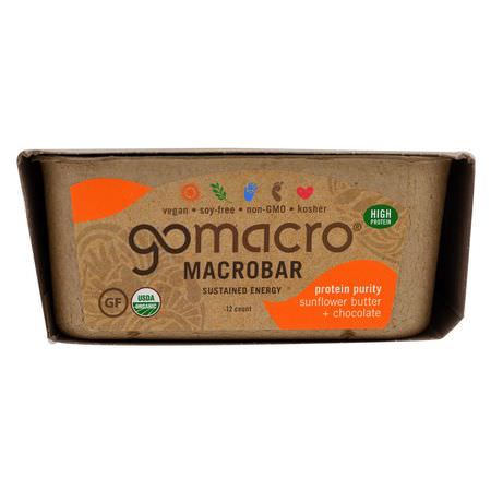 : GoMacro, Macrobar, Protein Purity, Sunflower Butter + Chocolate, 12 Bars, 2.3 oz (65 g) Each