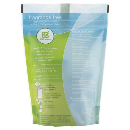 洗滌劑, 洗衣: Grab Green, 3-in-1 Laundry Detergent Pods, Fragrance Free, 24 Loads, 15.2 oz (432 g)