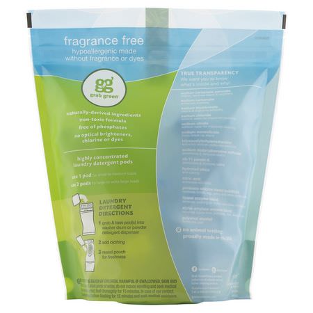 洗滌劑, 洗衣: Grab Green, 3-in-1 Laundry Detergent Pods, Fragrance Free, 60 Loads, 2lbs, 6oz (1,080 g)