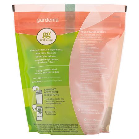 洗滌劑, 洗衣: Grab Green, 3-in-1 Laundry Detergent Pods, Gardenia, 60 Loads,2lbs, 6oz (1,080 g)