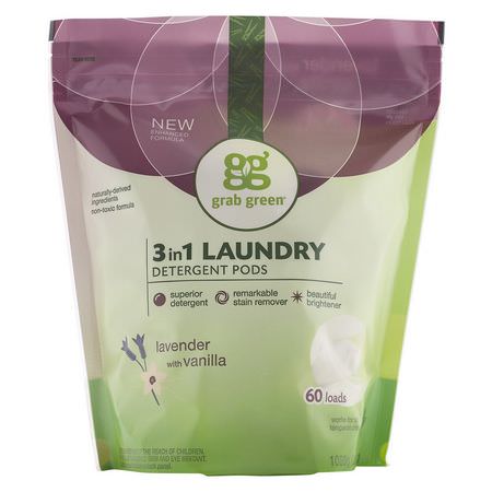 洗滌劑, 洗衣: Grab Green, 3-in-1 Laundry Detergent Pods, Lavender with Vanilla, 60 Loads,2lbs, 6oz (1,080 g)