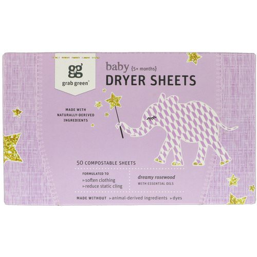 Grab Green, Dryer Sheets, Baby, Dreamy Rosewood with Essential Oils, 5+ Months, 50 Compostable Sheets Review