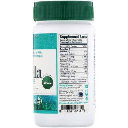 小球藻, 藻類: Green Foods, Organic Chlorella, 500 mg, 120 Tablets