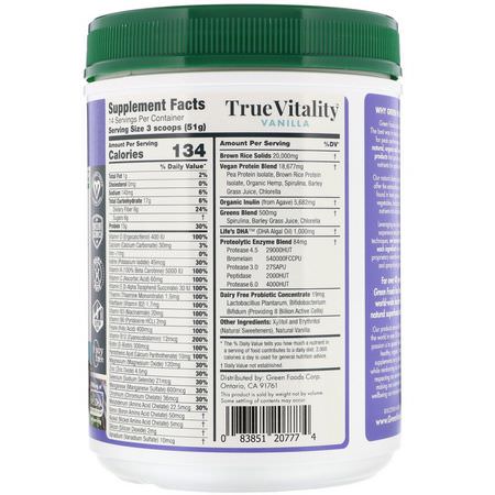 植物性, 植物性蛋白質: Green Foods, True Vitality, Plant Protein Shake with DHA, Vanilla, 1.57 lbs (714 g)