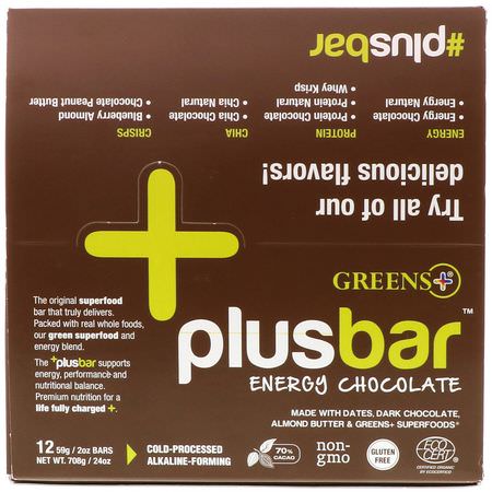 營養棒, 能量棒: Greens Plus, Plusbar, Energy Chocolate, 12 Bars, 2 oz (59 g) Each