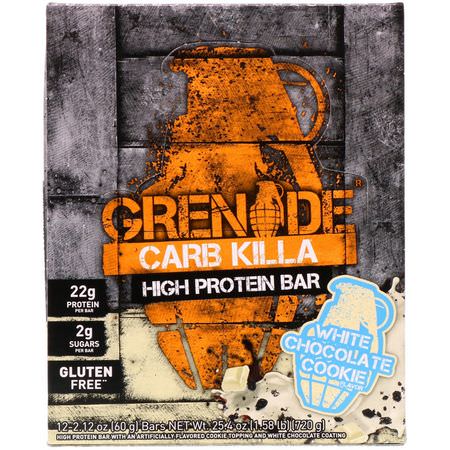 乳清蛋白棒, 牛奶蛋白棒: Grenade, Carb Killa High Protein Bar, White Chocolate Cookie, 12 Bars, 2.12 oz (60 g) Each