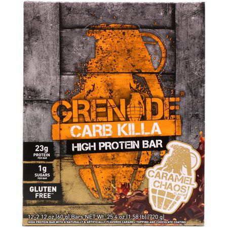 乳清蛋白棒, 牛奶蛋白棒: Grenade, Carb Killa High Protein Bar, Caramel Chaos, 12 Bars, 2.12 oz (60 g) Each