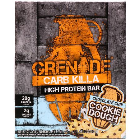 乳清蛋白棒, 蛋白棒: Grenade, Carb Killa, High Protein Bar, Chocolate Chip Cookie Dough, 12 Bars, 2.12 oz (60 g) Each