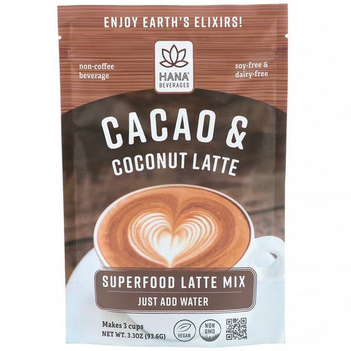 Hana Beverages, Cacao & Coconut Latte, Non-Coffee Superfood Beverage, 3.3 oz (93.6 g) Review