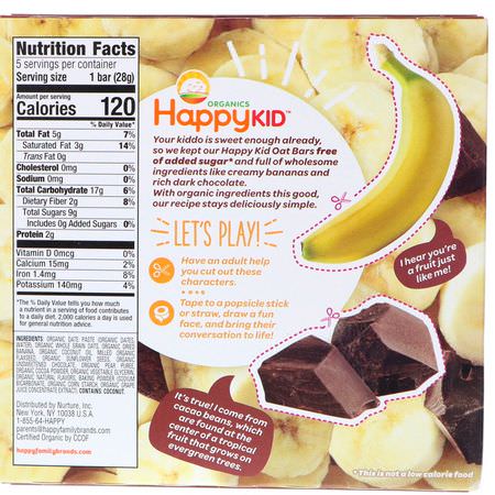 手指食品, 酒吧: Happy Family Organics, Happy Kid, Banana + Chocolate, Fruit & Oat Bar, 5 Bars, 0.99 oz (28 g) Each