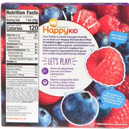 手指食品, 酒吧: Happy Family Organics, Happy Kid, Blueberry + Raspberry, Fruit & Oat Bar, 5 Bars, 0.99 oz (28 g) Each