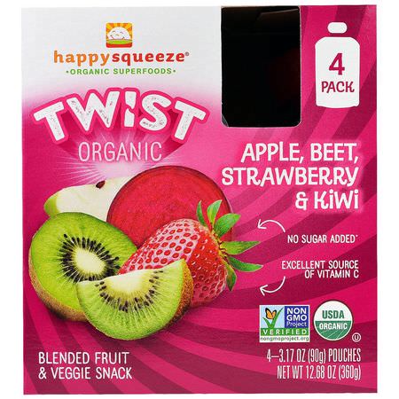 膳食, 果泥: Happy Family Organics, Happy Squeeze, Organic Superfoods, Twist, Organic Apple, Beet, Strawberry & Kiwi, 4 Pouches, 3.17 oz (90 g) Each