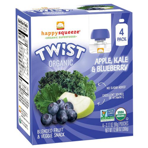 Happy Family Organics, Happy Squeeze, Organic Superfoods, Twist, Organic Apple, Kale, & Blueberry, 4 Pouches, 3.17 oz (90 g) Each Review
