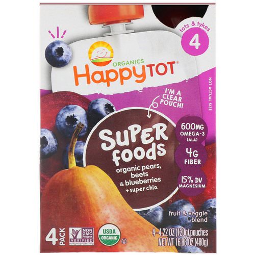 Happy Family Organics, Organic Happy Tot, Super Foods, Organic Pears, Beets & Blueberries + Super Chia, Stage 4, 4 Pack, 4.22 oz (120 g) Each Review