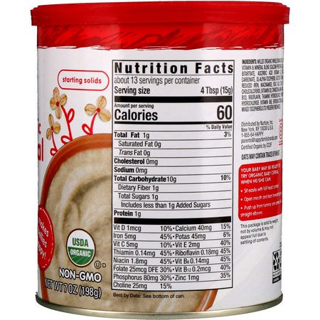 嬰兒熱麥片, 孩子餵養: Happy Family Organics, Organic Probiotic Baby Cereal, Oatmeal, 7 oz (198 g)