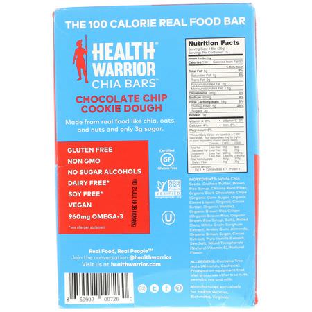 Chia種子: Health Warrior, Chia Bars, Chocolate Chip Cookie Dough, 15 Bars, 0.88 oz (25 g) Each