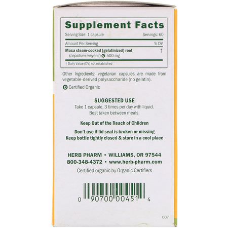 瑪咖, 順勢療法: Herb Pharm, Maca, 500 mg, 60 Vegetarian Capsules