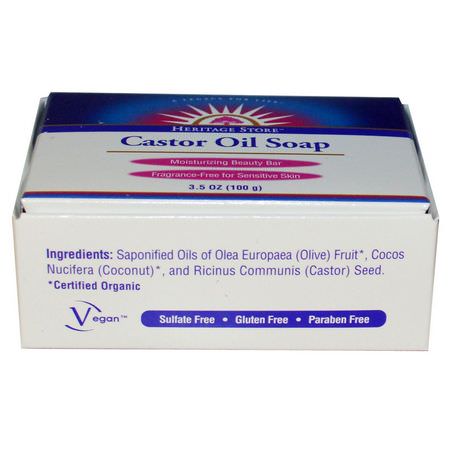 香皂, 淋浴: Heritage Store, Castor Oil Soap, Moisturizing Beauty Bar, 3.5 oz (100 g)