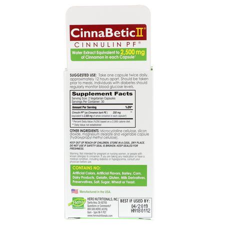 血糖, 血液支持: Hero Nutritional Products, CinnaBetic II, Cinnamon Water Extract, 60 Vegetarian Capsules
