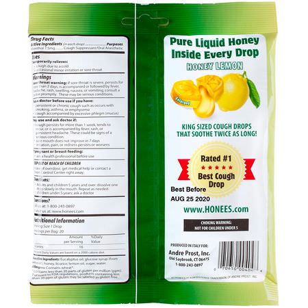 止咳藥, 喉嚨痛: Honees, Cough Drops, Honey Lemon, 20 Cough Drops