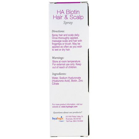 頭皮護理, 頭髮護理: Hyalogic, HA Biotin Hair & Scalp Spray, 4 fl oz (118 ml)