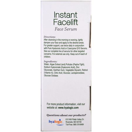 霜, 透明質酸血清: Hyalogic, Instant Facelift Face Serum, .47 fl oz (13.5 ml)