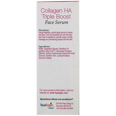 保濕, 緊緻: Hyalogic, Collagen HA Triple Boost Face Serum, .47 fl oz (13.5 ml)