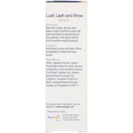 霜, 透明質酸血清: Hyalogic, Lush Lash and Brow Serum, .17 fl oz (5 ml)