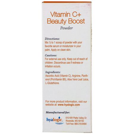 維生素C, 血清: Hyalogic, Vitamin C+ Beauty Boost Powder, 0.21 oz (6.0 g)