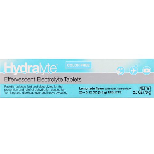 Hydralyte, Effervescent Electrolyte, Color Free, Lemonade Flavor, 20 Tablets, 2.5 oz (70 g) Review