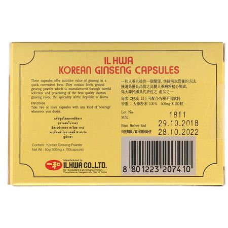 人參, 順勢療法: Ilhwa, Korean Ginseng Capsules, 500 mg, 100 Capsules