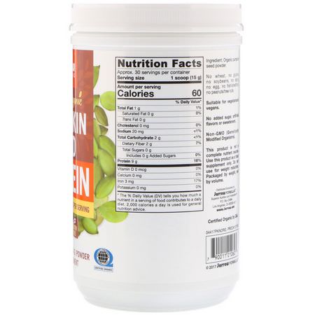 南瓜蛋白, 植物性蛋白: Jarrow Formulas, Certified Organic Pumpkin Seed Protein, 16 oz (454 g)