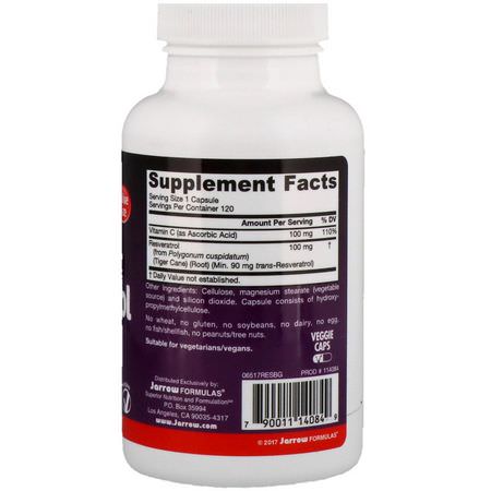 白藜蘆醇, 抗氧化劑: Jarrow Formulas, Resveratrol, 100 mg, 120 Veggie Caps