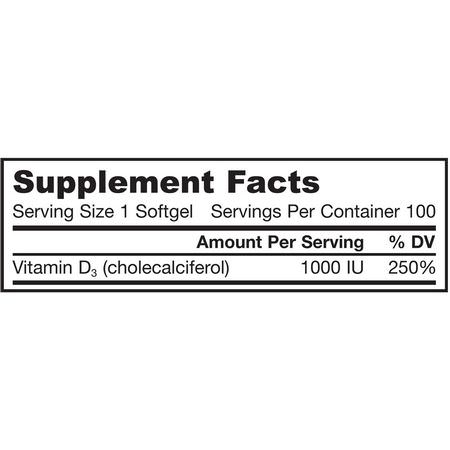 D3膽鈣化固醇, 維生素D: Jarrow Formulas, Vitamin D3, Cholecalciferol, 1,000 IU, 100 Softgels
