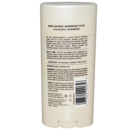 浴缸除臭劑: Jason Natural, Pure Natural Deodorant Stick, Calming Lavender, 2.5 oz (71 g)