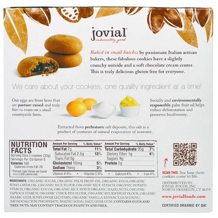 曲奇餅, 小吃: Jovial, Organic Chocolate Cookies, Chocolate Cream Filled, Gluten Free, 6 - 1.2 oz (33 g) Packs