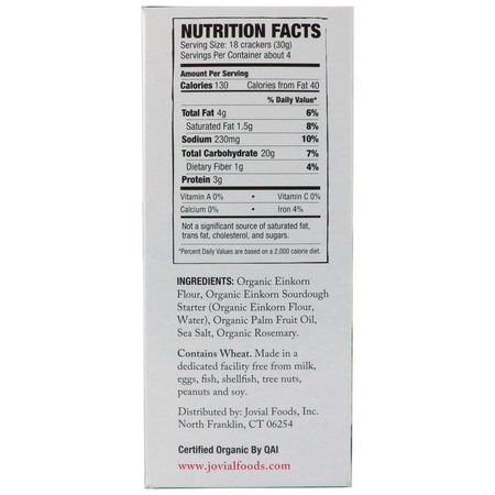 餅乾, 小吃: Jovial, Organic Sourdough Einkorn Crackers, Rosemary, 4.5 oz (128 g)