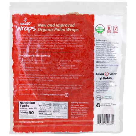 包裝, 麵包: Julian Bakery, Organic Paleo Wraps, 7 Wraps, 7.7 oz (224 g)