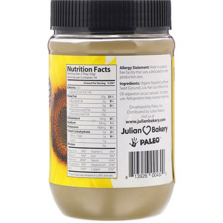 蜜餞, 塗抹醬: Julian Bakery, Paleo Spread, Sweet Sunflower Butter, 16 oz (454 g)
