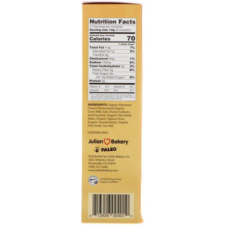 餅乾, 小吃: Julian Bakery, Primal Thin Crackers, Organic Parmesan, 8.4 oz (238 g)