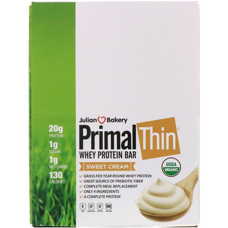 營養棒: Julian Bakery, PrimalThin Whey Protein Bar, Sweet Cream, 12 Bars, 1.43 lbs (648 g)