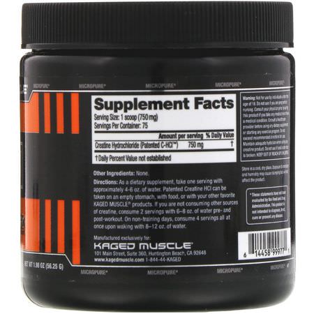 HCl肌酸, 肌酸: Kaged Muscle, Patented C-HCI, Creatine HCI, Unflavored, 1.98 oz (56.25 g)