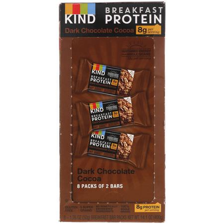穀物吧, 早餐: KIND Bars, Breakfast Protein, Dark Chocolate Cocoa, 8 Pack of 2 Bars, 1.76 oz (50 g) Each