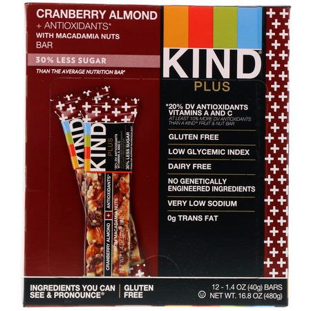 小吃店, 營養棒: KIND Bars, Kind Plus, Cranberry Almond + Antioxidants with Macadamia Nuts, 12 Bars, 1.4 oz (40 g) Each