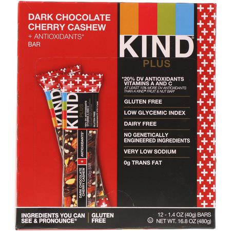 小吃店, 營養棒: KIND Bars, Kind Plus, Dark Chocolate Cherry Cashew + Antioxidants, 12 Bars, 1.4 oz (40 g) Each